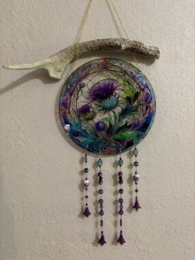 Hand beaded Stained Glass Style Floral Suncatcher with deer antler